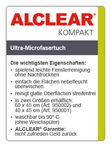 ALCLEAR 950002 Ultra-Microfaser Fenstertuch Scheibentuch 60x45 cm weiß (bekannt als 