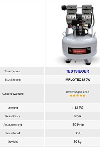 850W 14L Silent Flüsterkompressor Druckluftkompressor nur 55dB leise ölfrei flüster Kompressor Compressor IMPLOTEX - 4