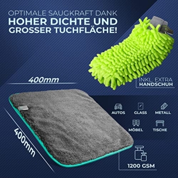 addhome Auto-Mikrofasertücher 1200 GSM für Auto und Haushalt, Reinigungsset aus 3X Mikrofasertuch 40 x 40 cm und Mikrofaser-Handschuh – kratzfrei, fadenfrei, extra saugstark und lackschonend - 2