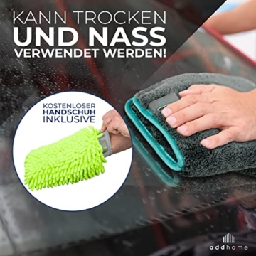 addhome Auto-Mikrofasertücher 1200 GSM für Auto und Haushalt, Reinigungsset aus 3X Mikrofasertuch 40 x 40 cm und Mikrofaser-Handschuh – kratzfrei, fadenfrei, extra saugstark und lackschonend - 3