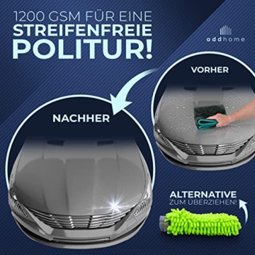 addhome Auto-Mikrofasertücher 1200 GSM für Auto und Haushalt, Reinigungsset aus 3X Mikrofasertuch 40 x 40 cm und Mikrofaser-Handschuh – kratzfrei, fadenfrei, extra saugstark und lackschonend - 4