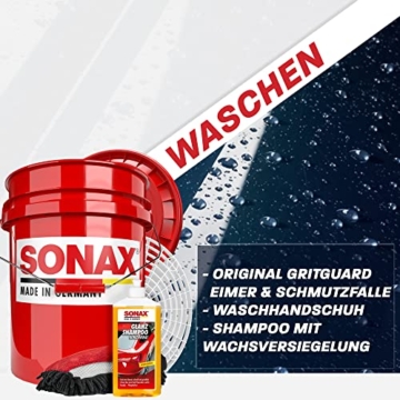 Autowäsche Set - SONAX: Autoshampoo Glanz Shampoo Konzentrat - SONAX Wascheimer mit Deckel & Schmutzfalle, Waschhandschuh mit Insekten Mesh - Autoreinigungsset Aussen - 2