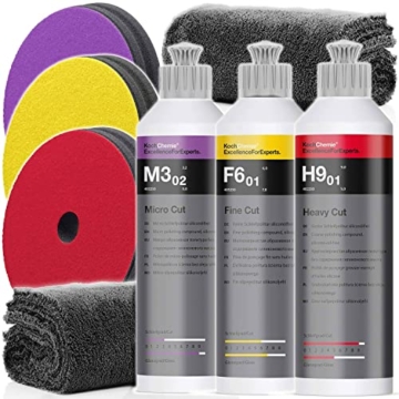 detailmate Koch Chemie Politur Set: KochChemie Micro Cut + KochChemie Fine Cut + KochChemie Heavy Cut Politur (je 250ml) + 3 passende KochChemie Polierpads + 2 Mikrofasertücher, 550GSM - 1