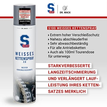 Dr. Wack - S100 Weißes Kettenspray 2.0 400 ml I Premium Kettenöl für noch weniger Reibung & Verschleiß I Kettenspray für alle Motorräder I Hochwertige Motorradpflege – Made in Germany - 4