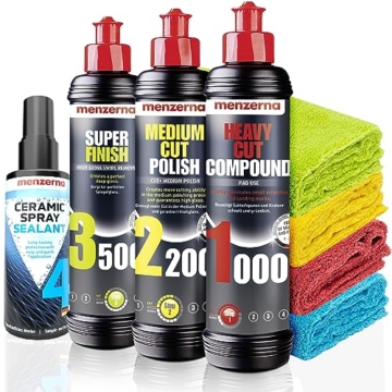 Menzerna Auto Polituren Set: Menzerna Heavy Cut Compound 1000 + Medium Cut Compound 2200 + Super Finish 3500 + MZ Wash Sachet + Power Lock Ultra Protection Sachet + 3x Mikrofasertuch 40x40cm - 1