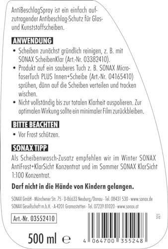 SONAX AntiBeschlagSpray (500 ml) Antibeschlag-Schutz für alle Glasscheiben und Kunststoffscheiben sorgt für eine rundum klare Sicht | Art-Nr. 03552410 - 2