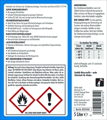 SONAX AntiFrost+KlarSicht Konzentrat (5 Liter) ergibt bis zu 15 Liter Winter-Scheibenwischwasser, sofort mischbereit, schlierenfrei, Antikalk-Effekt, Art-Nr. 03325050 - 2