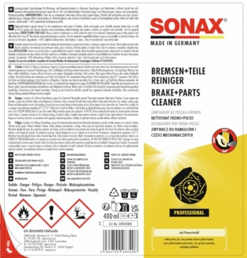 SONAX Bremsen+TeileReiniger (400 ml) entfernt schnell und vollkommen rückstandsfrei Bremsstaub sowie alle öl-, fett- und silikonhaltigen Verschmutzungen und Verkrustungen | Art-Nr. 04834000 - 2