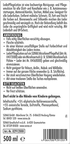 SONAX LederPflegeLotion (500 ml) wasserabweisende Lederpflege mit Bienenwachs für eine sanfte Reinigung und Pflege von Glattleder und Kunstleder | Art-Nr. 02912000 - 2