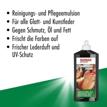 SONAX LederPflegeLotion (500 ml) wasserabweisende Lederpflege mit Bienenwachs für eine sanfte Reinigung und Pflege von Glattleder und Kunstleder | Art-Nr. 02912000 - 3