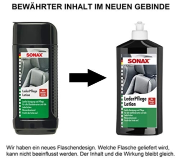 SONAX LederPflegeLotion (500 ml) wasserabweisende Lederpflege mit Bienenwachs für eine sanfte Reinigung und Pflege von Glattleder und Kunstleder | Art-Nr. 02912000 - 8