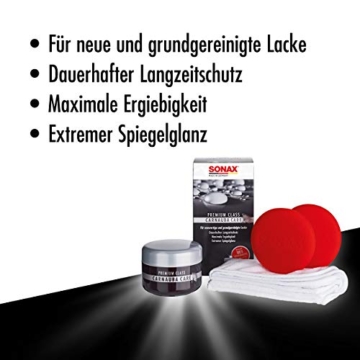 SONAX PREMIUM CLASS Carnauba Care (200 ml) Hartwachs für alle neuen und grundgereinigten Lacke inkl. 2x Schwamm und 1x MicrofaserTuch | Art-Nr. 02112000 - 3