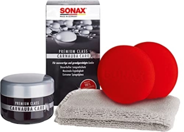 SONAX PREMIUM CLASS Carnauba Care (200 ml) Hartwachs für alle neuen und grundgereinigten Lacke inkl. 2x Schwamm und 1x MicrofaserTuch | Art-Nr. 02112000 - 1