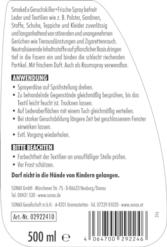 SONAX SmokeEx Geruchskiller + Frische-Spray (500 ml) befreit Textilien zuverlässig und langanhaltend von störenden und unangenehmen Gerüchen | Art-Nr. 02922410 - 2
