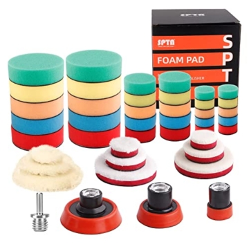 SPTA Polierschwamm, 43tlg 30mm, 50mm, 80mm Polierschwämme Polierpad Polieren Pad Schwamm Set mit Polierpad Polierpad Set und Polierfell Polierset Polierteller Kit für Bohrmaschine, Für Poliermaschine - 1