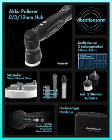 chemicalworkz EVO Mini Akku Poliermaschine 25-teiliges Set I Exzenter & Rotation I mit Akkus Adaptern Stütztellern Pads Sonax-Polituren und Zubehör - 2