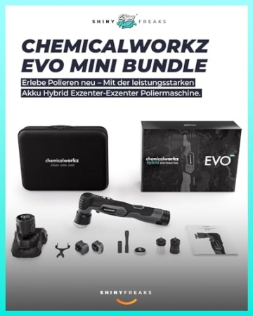 chemicalworkz EVO Mini Akku Poliermaschine 25-teiliges Set I Exzenter & Rotation I mit Akkus Adaptern Stütztellern Pads Sonax-Polituren und Zubehör - 3