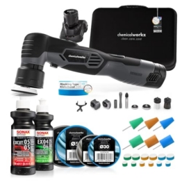 chemicalworkz EVO Mini Akku Poliermaschine 25-teiliges Set I Exzenter & Rotation I mit Akkus Adaptern Stütztellern Pads Sonax-Polituren und Zubehör - 1