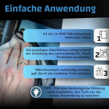 Dr. Wack A1 All in ONE Mikrofasertuch Innen & Glas - 40 x 40 cm - Auto-Reinigungstuch - extrem weich & saugstark - 100% fusselfrei - schonende & streifenfreie Autoreinigung - Hochwertige Autopflege - 3