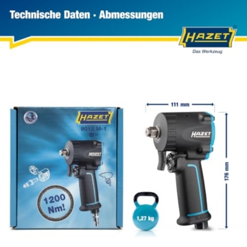 Hazet Druckluft-Schlagschrauber 9012M-1 I extra kurz - nur 80 mm, Max. Lösemoment: 1200 Nm, Vierkant 12,5 mm (1/2 Zoll), Betriebsdruck: 6,3 Bar I kompakte Bauweise für Arbeiten in beengten Räumen - 10