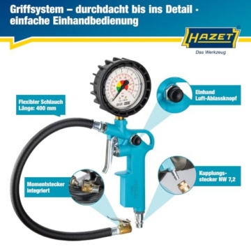 HAZET Reifenfüll-Messgerät 9041-1, 0-12 bar, Messtoleranz 0,3 bar, | 411 g, Schlauchlänge: 400mm, Reifenfüllgerät , Reifenmessgerät,Messtoleranz 0,3 bar, für Auto, Motorrad uvm. - 6