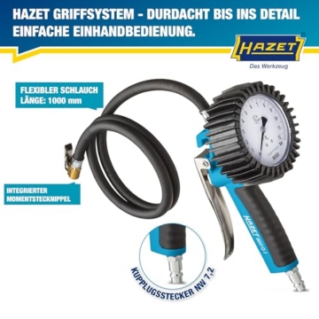 HAZET Reifenfüll-Messgerät, geeicht 9041G-1, Manometer-⌀ 80 mm | 585 g, 0-10 bar, Schlauchlänge 1000mm, Schlauch mit integriertem Momentstecknippel, für PKW, Motorrad usw. - 3