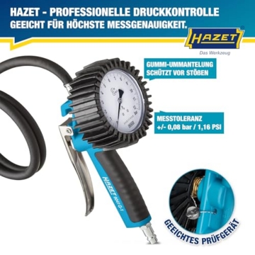 HAZET Reifenfüll-Messgerät, geeicht 9041G-1, Manometer-⌀ 80 mm | 585 g, 0-10 bar, Schlauchlänge 1000mm, Schlauch mit integriertem Momentstecknippel, für PKW, Motorrad usw. - 4