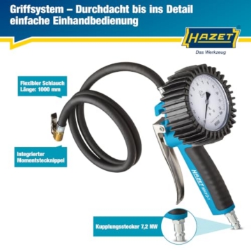 HAZET Reifenfüll-Messgerät, geeicht 9041G-1, Manometer-⌀ 80 mm | 585 g, 0-10 bar, Schlauchlänge 1000mm, Schlauch mit integriertem Momentstecknippel, für PKW, Motorrad usw. - 6