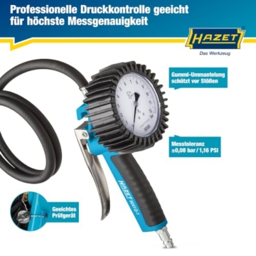 HAZET Reifenfüll-Messgerät, geeicht 9041G-1, Manometer-⌀ 80 mm | 585 g, 0-10 bar, Schlauchlänge 1000mm, Schlauch mit integriertem Momentstecknippel, für PKW, Motorrad usw. - 7