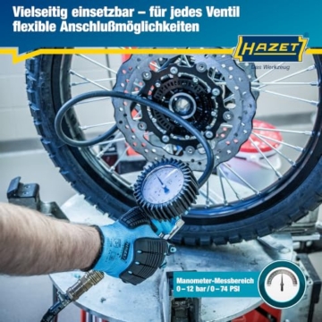 HAZET Reifenfüll-Messgerät, geeicht 9041G-1, Manometer-⌀ 80 mm | 585 g, 0-10 bar, Schlauchlänge 1000mm, Schlauch mit integriertem Momentstecknippel, für PKW, Motorrad usw. - 8