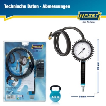 HAZET Reifenfüll-Messgerät, geeicht 9041G-1, Manometer-⌀ 80 mm | 585 g, 0-10 bar, Schlauchlänge 1000mm, Schlauch mit integriertem Momentstecknippel, für PKW, Motorrad usw. - 10