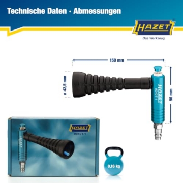 HAZET Turbo Ausblaspistole 9040T-1, Sehr handliche Ausführung, Länge 150 mm | Breite 42.5 mm, Höhe 96 mm, Betriebsdruck 6.3 bar, 163 g, Schalldruckpegel 91 dB(A) Lp A, Luftbedarf 80 l/min - 6