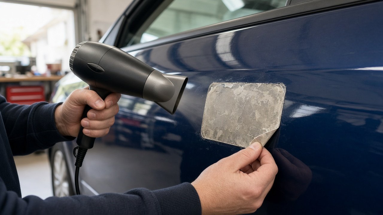 Aufkleber auf dem Autolack mit dem Föhn erwärmen und langsam abziehen