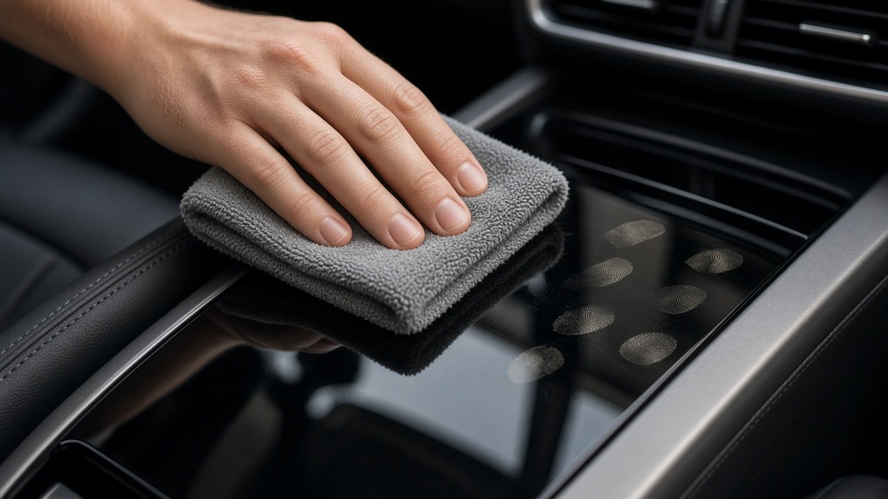 Fingerabdrücke werden mit einem weichen Mikrofasertuch von schwarzem Hochglanz Kunststoff gewischt