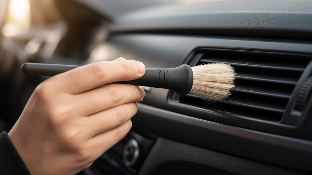 Weicher Detailing Pinsel holt Staub aus den Lamellen einer Lüftungsdüse am Armaturenbrett