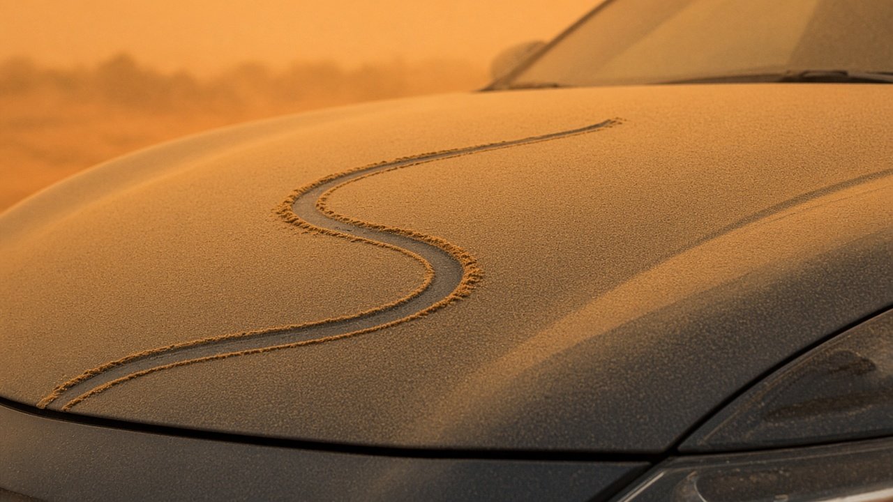 Dunkle Motorhaube mit einer Schicht aus gelblichem Saharastaub und Pollen