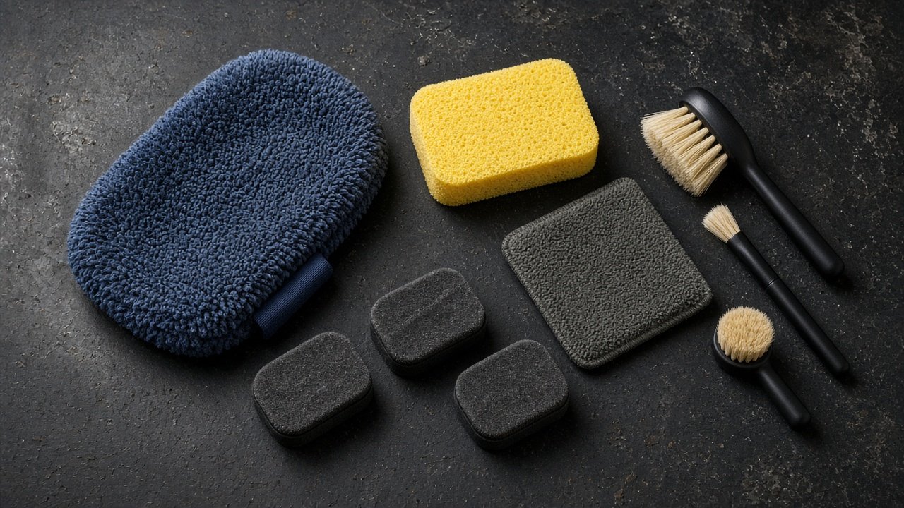 Waschhandschuh, Küchenschwamm, Auftragspads und Detailpinsel nebeneinander auf einer Werkbank