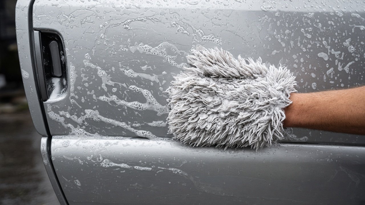 Autotür wird mit einem langflorigen Mikrofaser Waschhandschuh gewaschen