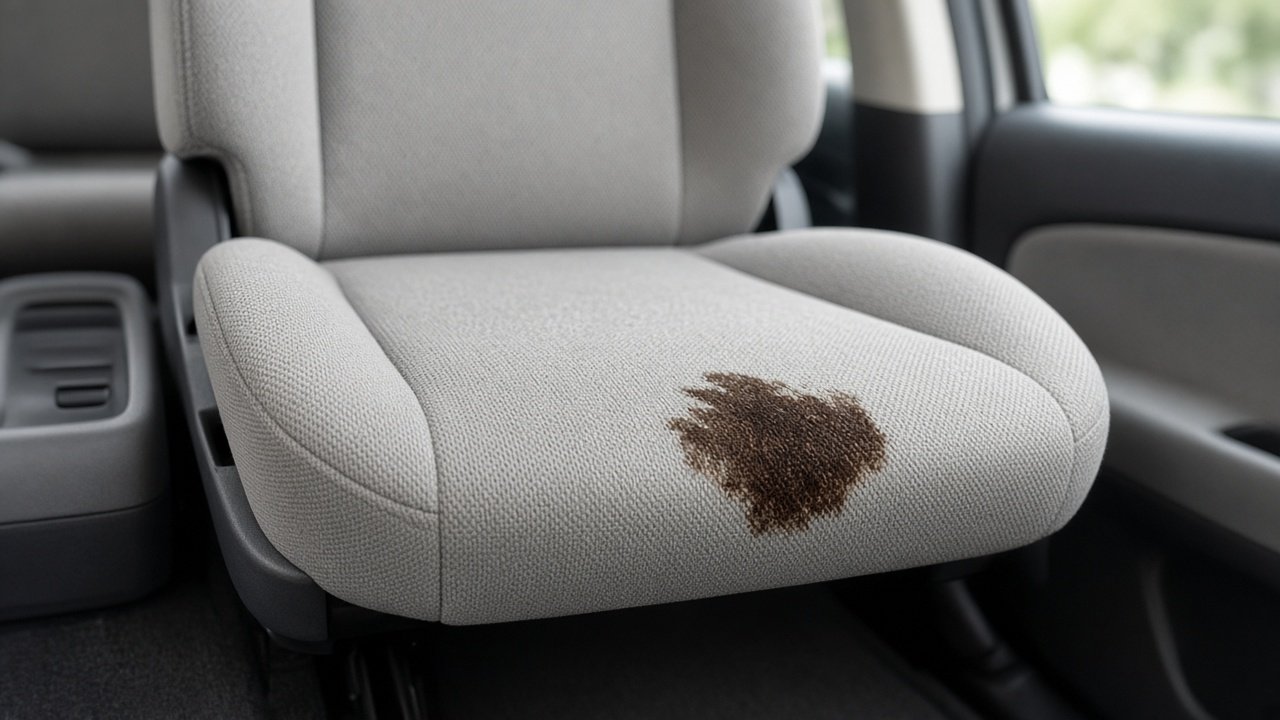 Heller Stoffsitz im Auto mit einem dunklen Fleck auf der Sitzfläche