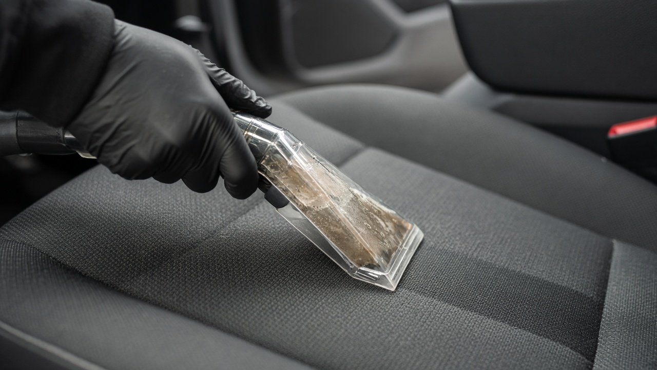 Düse eines Waschsaugers zieht Schmutzwasser aus einem Stoffsitz im Auto