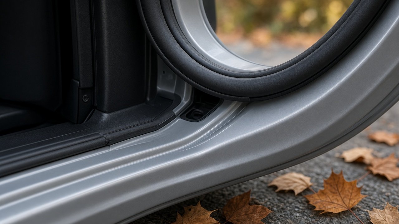 Geöffnete Autotür mit sauberer schwarzer Türdichtung im Herbstlicht