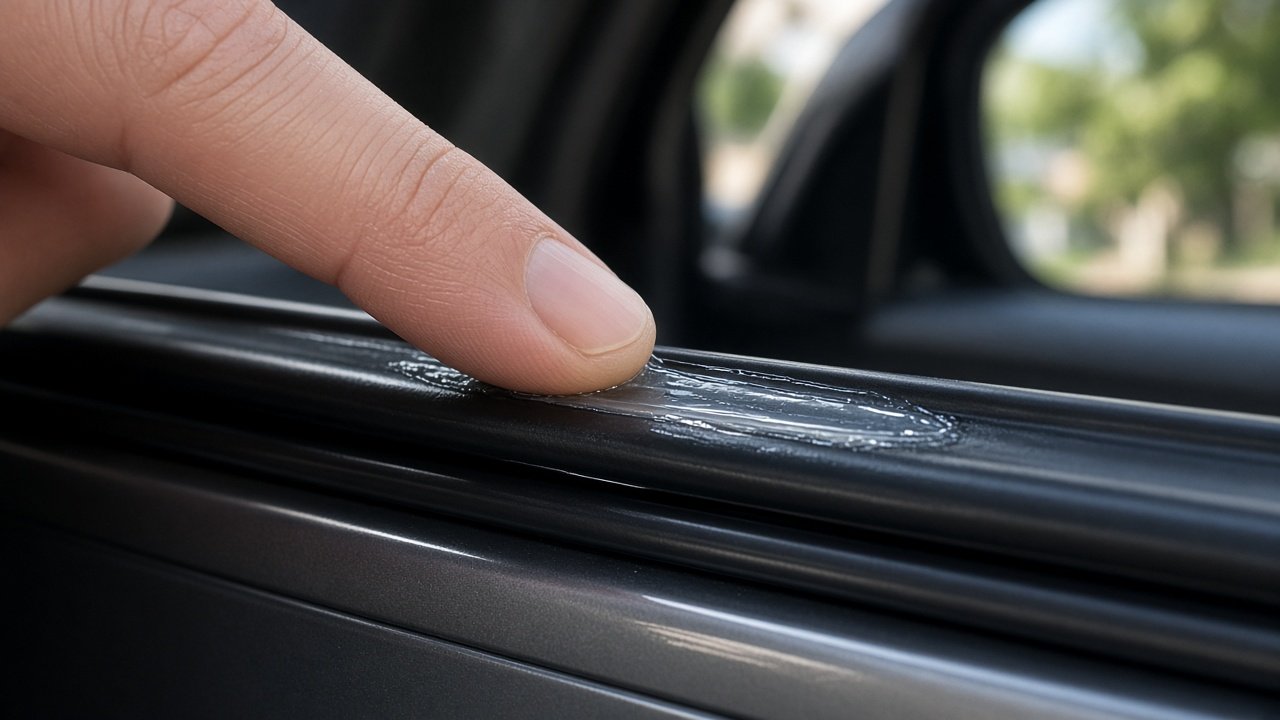 Gummipflege wird mit dem Finger dünn auf die Fensterdichtung eines Cabrios aufgetragen