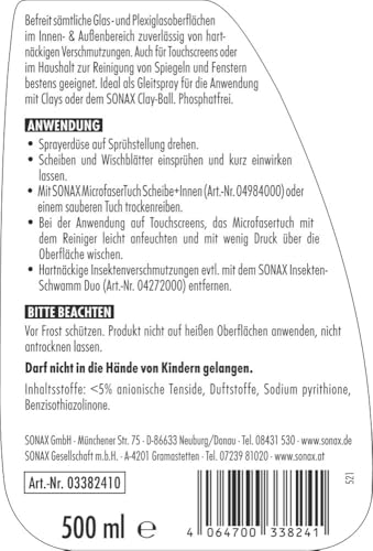 SONAX ScheibenKlar (500 ml) Glasreiniger | Scheibenreiniger zum Entfernen von Insektenverschmutzungen und Straßenschmutz von Fahrzeugscheiben und Scheinwerfern - 2